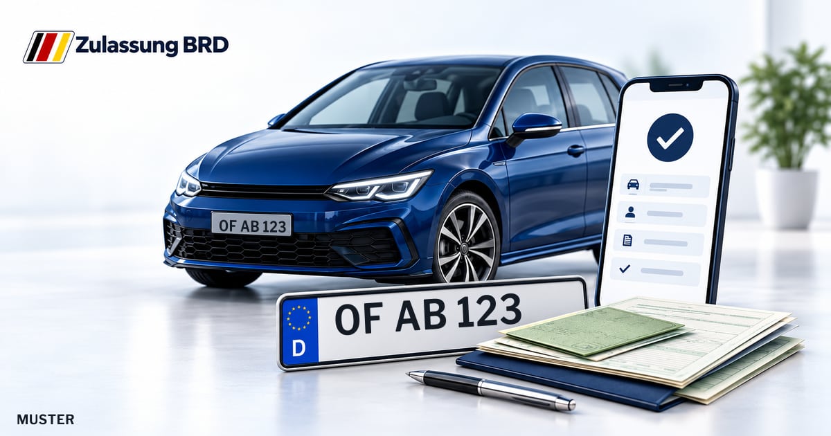 Online Fahrzeugzulassung in Egelsbach: Musterkennzeichen OF AB 123, Auto und Fahrzeugpapiere und Smartphone. Illustration mit Logo von Zulassung BRD.